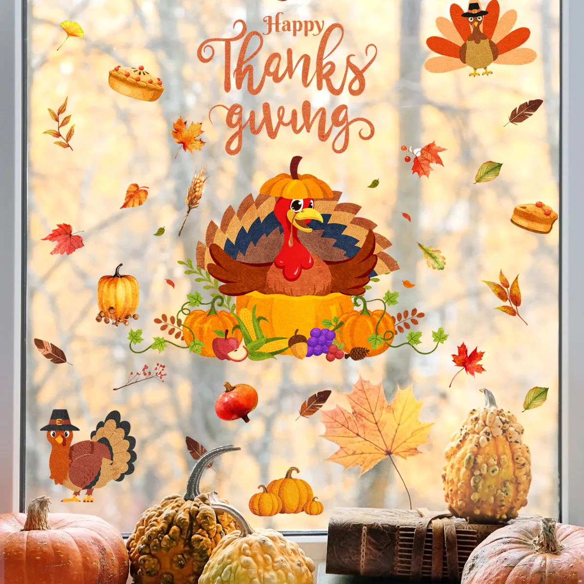 30*60cm Thanksgiving Cartoon Turkey Maple Leaf Pumpkin Glass Window Decorative Wall Stickers Double Sided Glass Sticker Dj4046 a4 double sided suspended estate agent led window lightbox screens hanging signs