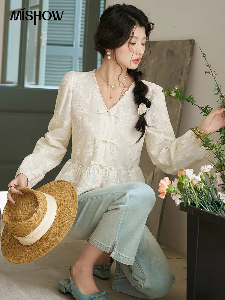 MISHOW Chinese Lace Blouses French Sweet Three-dimensional Embroidery Spring 2024 Button Up V-neck Long Sleeved Top MXD14X1433 1