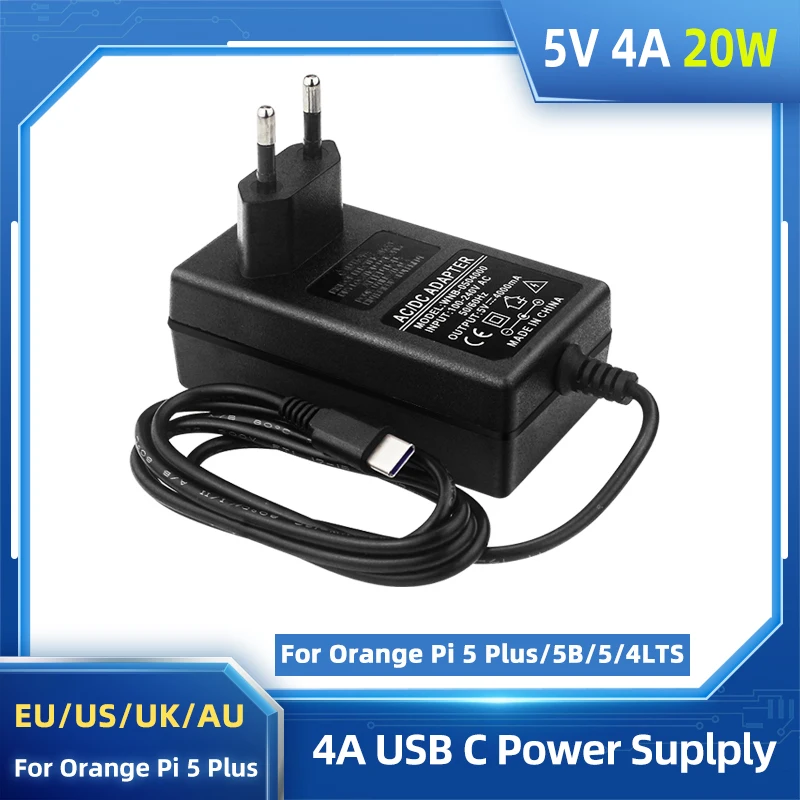 

Orange Pi 5 Plus Power Adapter 5V 4A Charger 20W USB Type C Power Supply EU US UK AU Plug for OPI 5/5B/4 LTS Raspberry Pi 4B