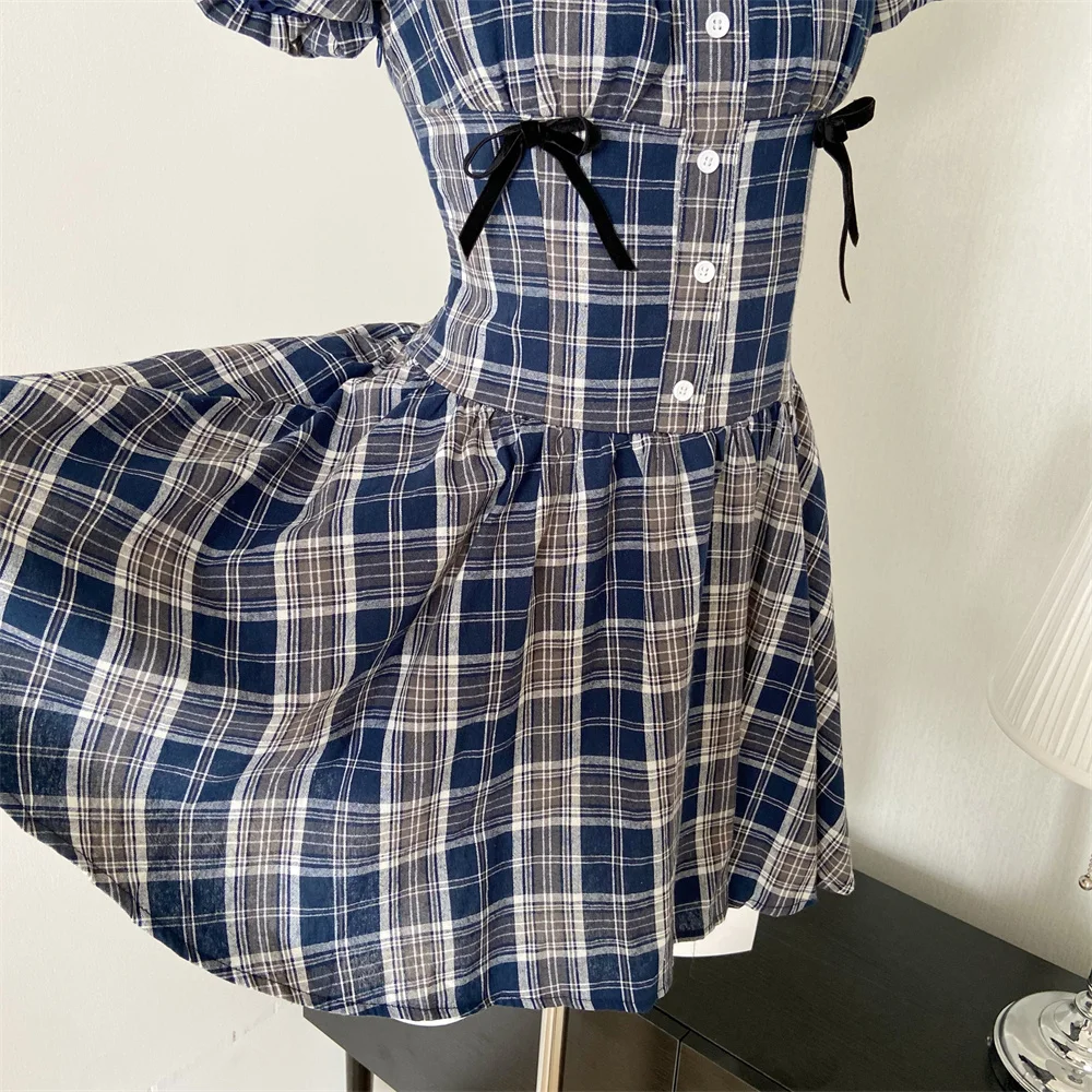 Y2K Plaid Short Dresses for Women Princess Birthday Party Dress Puff Sleeve Square Collar Bow Prom Summer Mini Vestidos Mujer