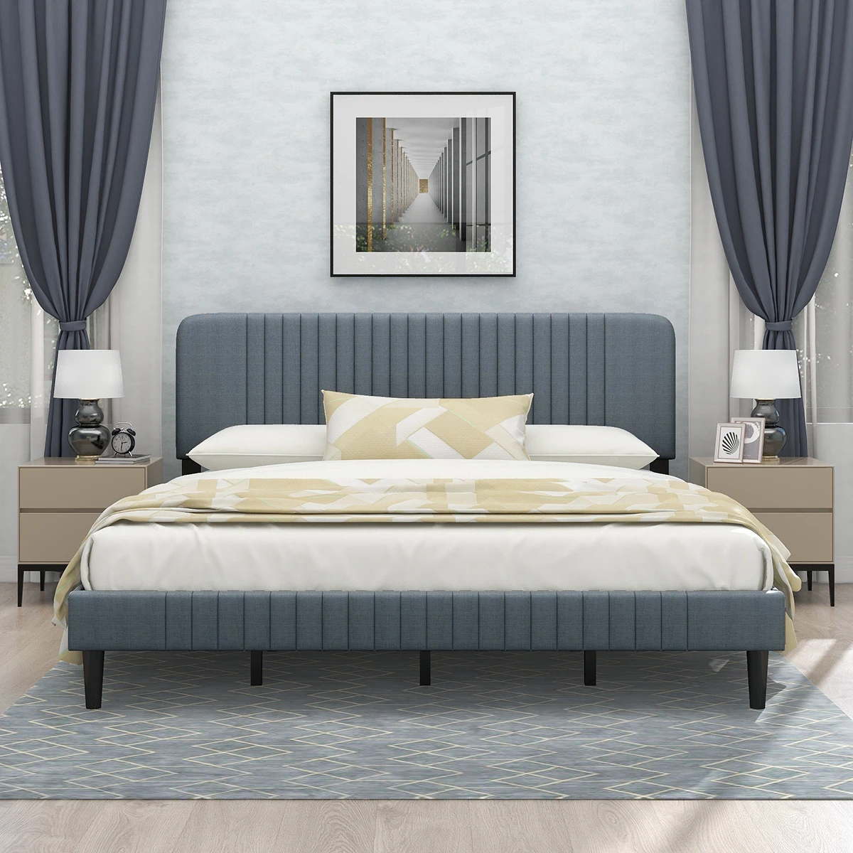 

Queen Size Platform Bed,Linen,Dark/Light Grey Bedroom Furniture for Bedroom