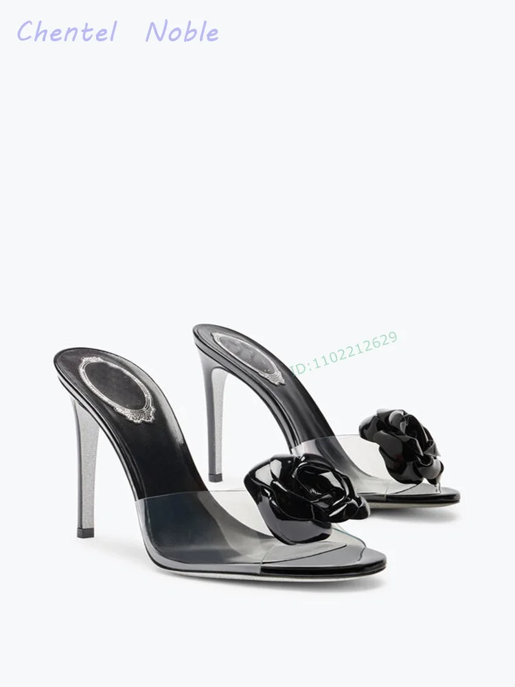 

Black Flowers Transparent PVC Band Slippers Slip-on Round Peep Toe Solid Thin High Heels Women Stiletto Summer Party Dress New