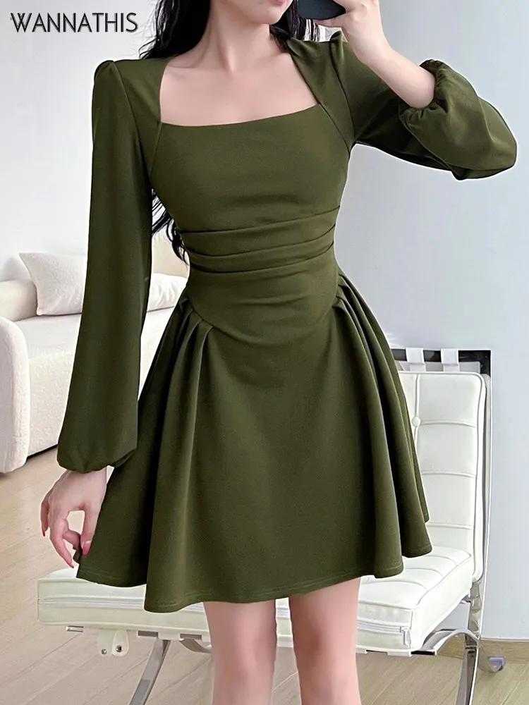 

WannaThis Folds Puff Sleeve Corset A Line Mini Dress Square Collar Sexy Chic And Elegant Woman dress Fall Elegant Party Dresses