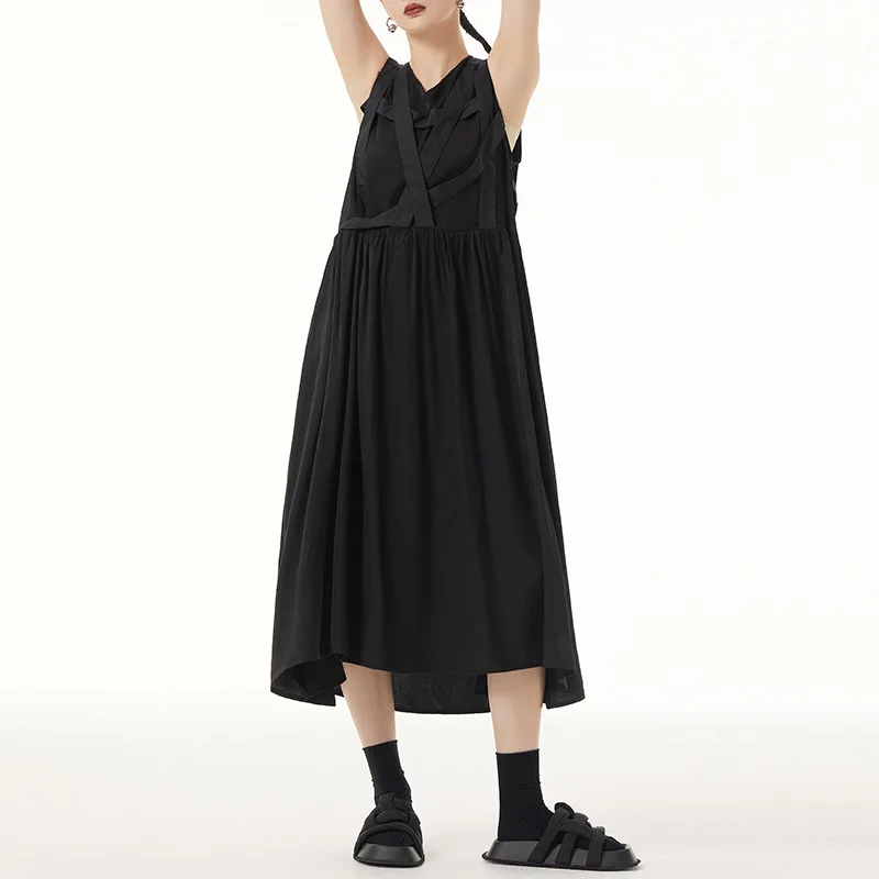 

Johnature Dark Style Sleeveless Cross-webbing Dress Women Summer Thin Loose Simple Fashion Design A-line Dresses 2023 New