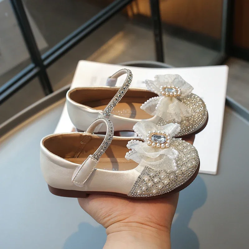 Kids Leather Shoe Spring Autumn Versatile Girl Princess Shoes Fashion Sweet Bowtie Children Causal Rhinestone Dance Flat Shoes