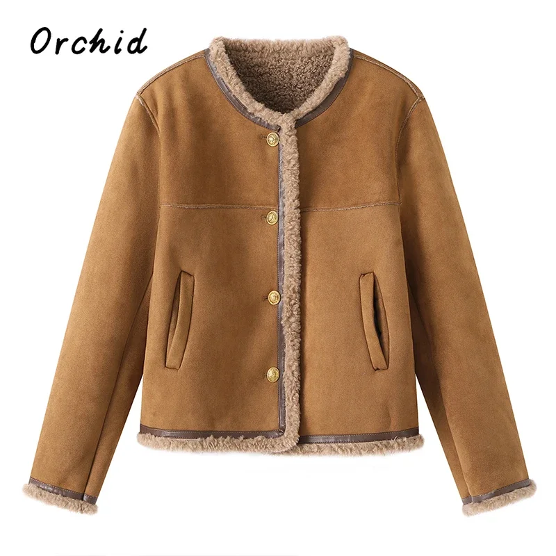 

American Retro Solid Jacket Women Patchwork Lamb Wool Warm Parkas Coats Autumn Winter 2023 Korean Harajuku Long Sleeves Clothes
