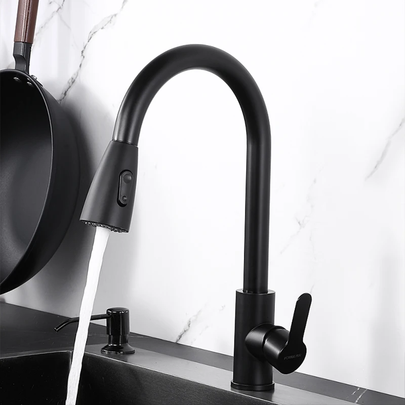 Pull-out Midnight Black Stainless Steel Kitchen Sink Faucet Single Hole Hot And Cold Water Mixer Deck Mounted Tap
