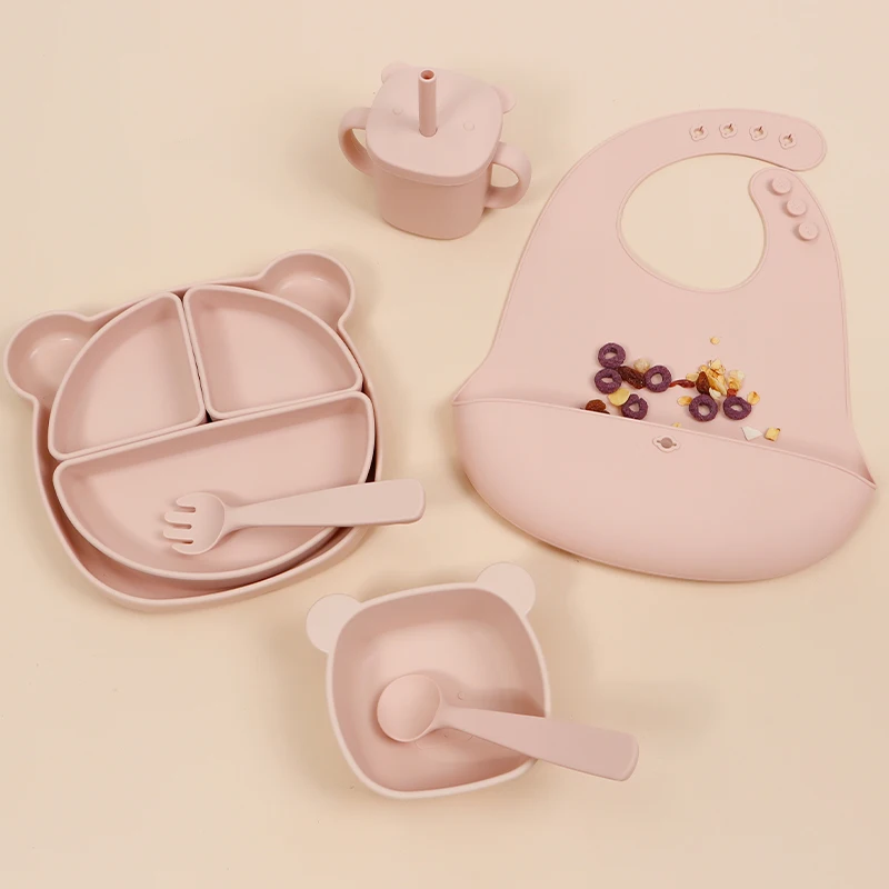 Modabebe 9/6/5 PCS Baby Silicone Feeding Set BPA Free Baby Plates Bowl Spoons Fork Set Cute Design Kids Tableware With Bibs