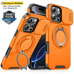 Heavy - Duty Rugged Magnetic Ring Holder Phone Case with Slide Camera Protection and Magsafe Compatibility - iPhone 15 Plus (Orange)