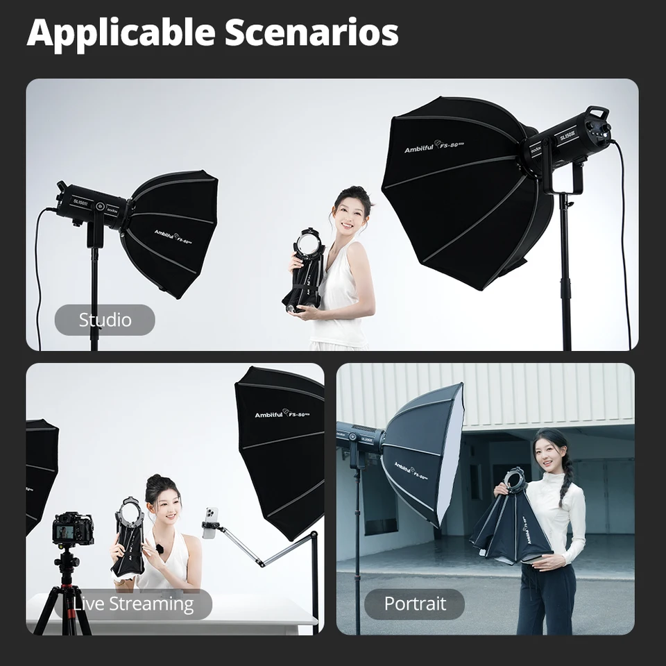앰비트풀 FS-40PRO FS-60PRO FS-80PRO 퀵세팅 옥타곤 소프트박스 보웬스 마운트 (고독스, 아푸처, 소카니 스튜디오 LED 비디오 조명용)