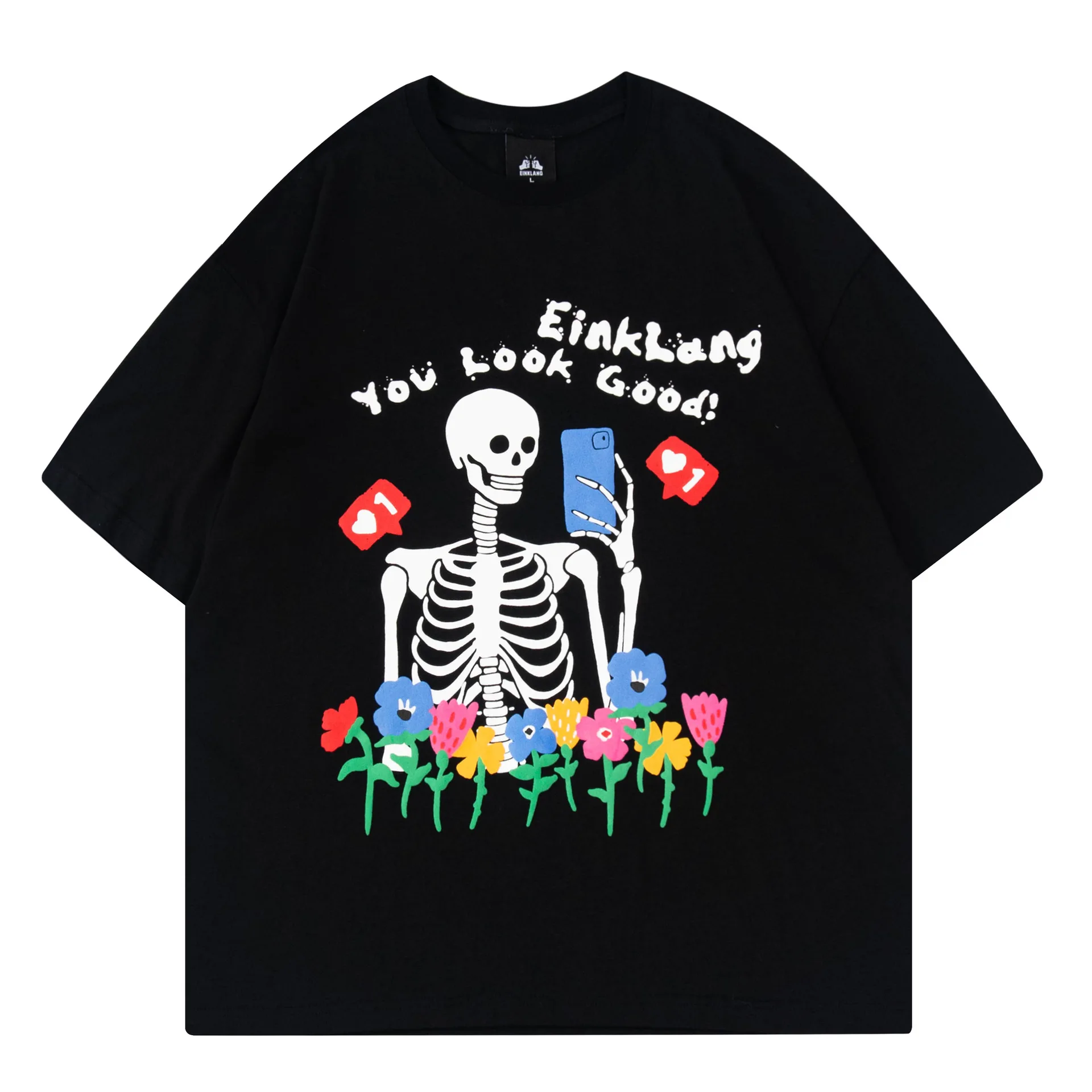

Skull Short Sleeve T-shirt High Street Half Sleeve Streetwear Retro High Tech Tee Shirt Teen Flower Cotton Men's Clothing Tops