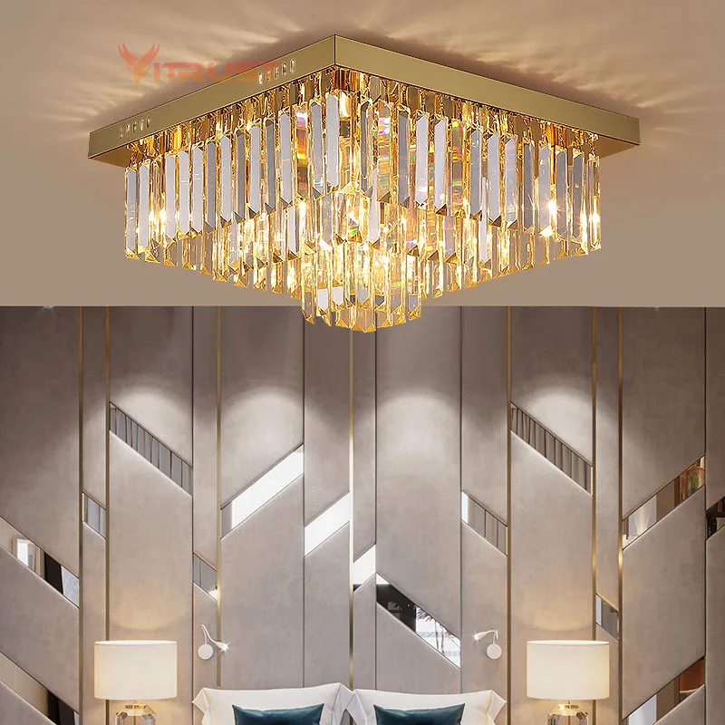 Cristal LED luzes de teto, lâmpadas modernas, lustre quadrado ouro, sala de estar, jantar e quarto, luminárias LED, shopping e loja, K9