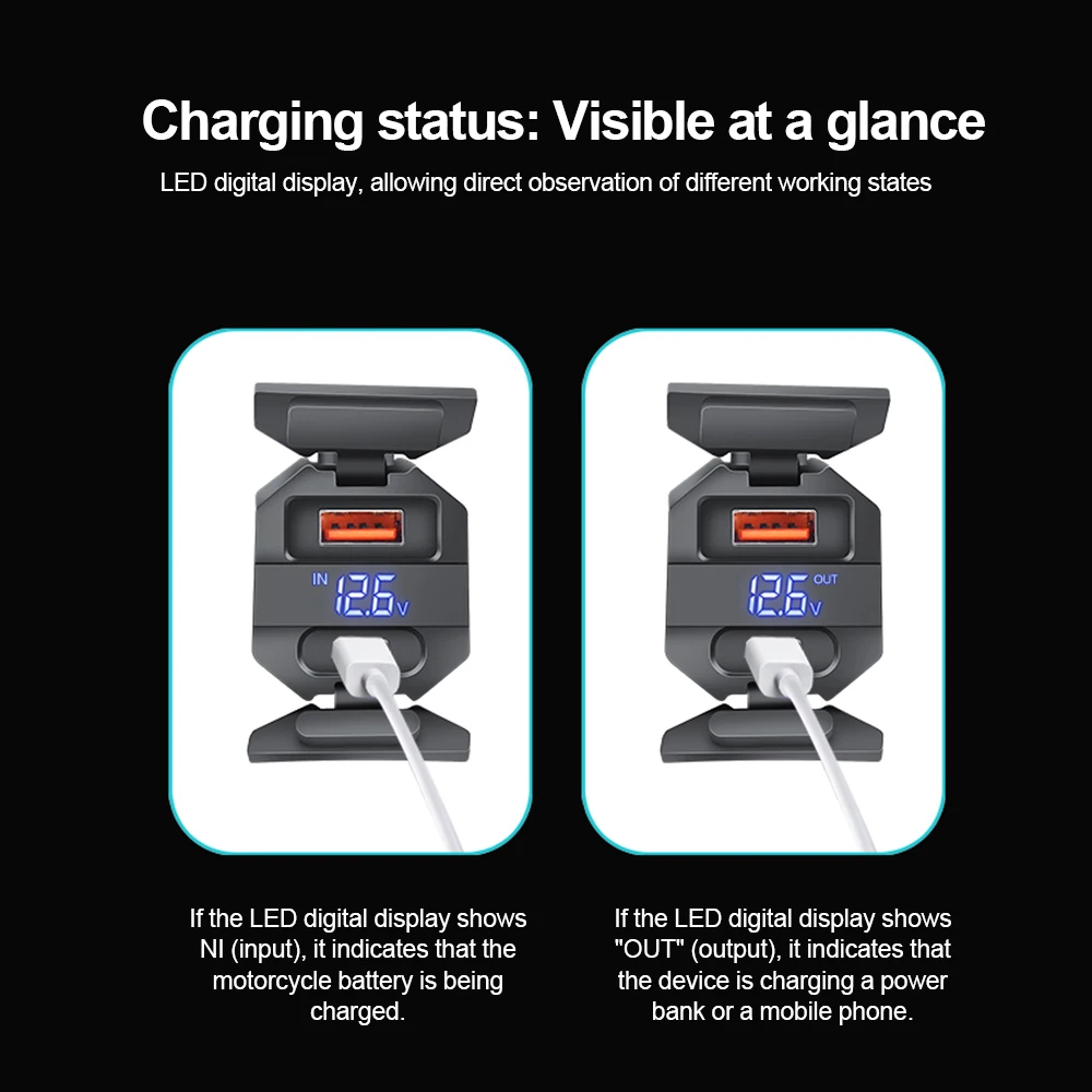 오토바이 핸들바 양방향 충전 USB C 충전기 100W 초고속 비상 모토 배터리 충전기 전압계 2가지 설치 방식