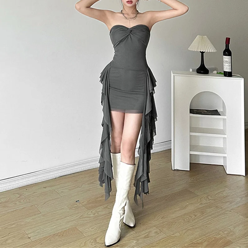 2 Piece Set for Women y2k Outfits Solid Color Strapless Twist Front Tube Tops and Short Skirt 2000s Clothing Clubwear