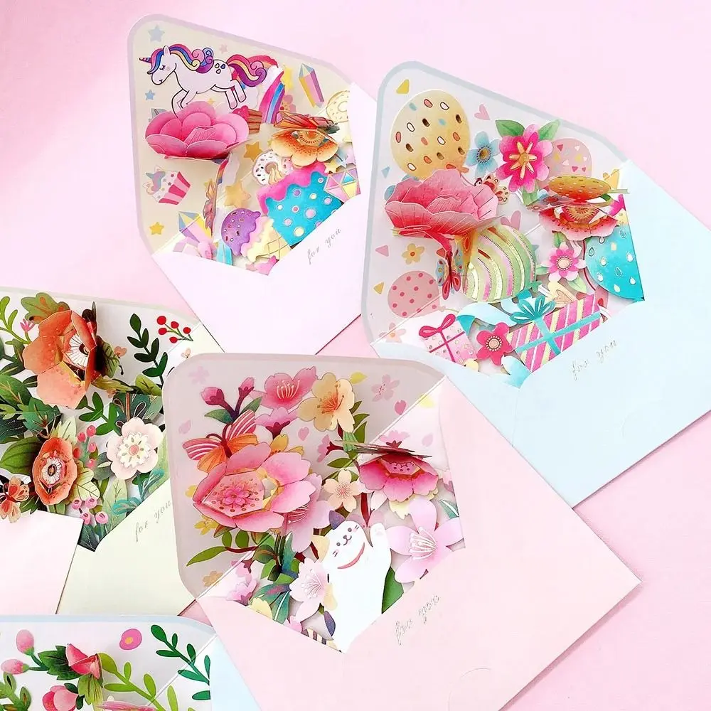 3D Pop-up Birthday Christmas Card Paper Romantic Flower Greeting Cards Valentines Gifts with Envelope Flowers Postcard