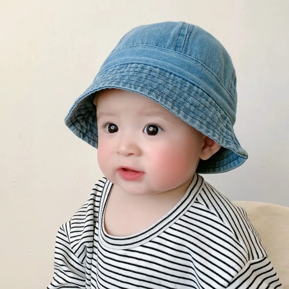 Cloth Washed Denim Bucket Hat Solid Color Korean Style Baby Sun Hat sun protection Windproof Children Fisherman Cap Boys