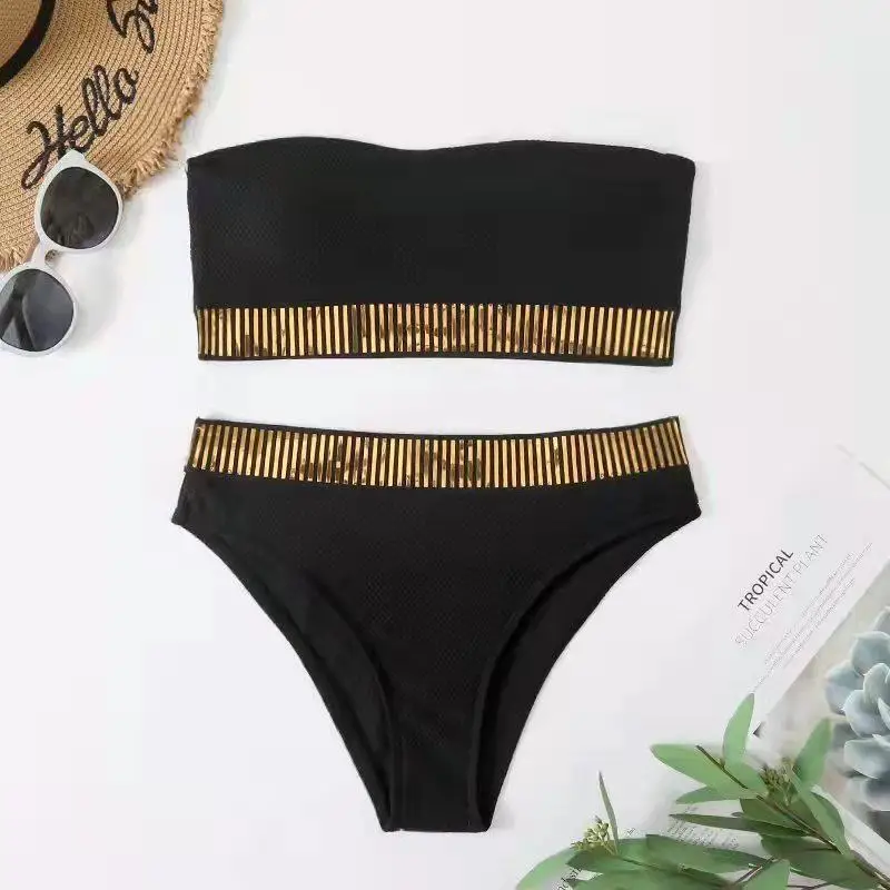 Detail Swimwear Padded Bathing Suit Female Solid Beachwear Sexy Bandeau High Waist Bikini 2023 Women Triangle Swimsuit Stitch