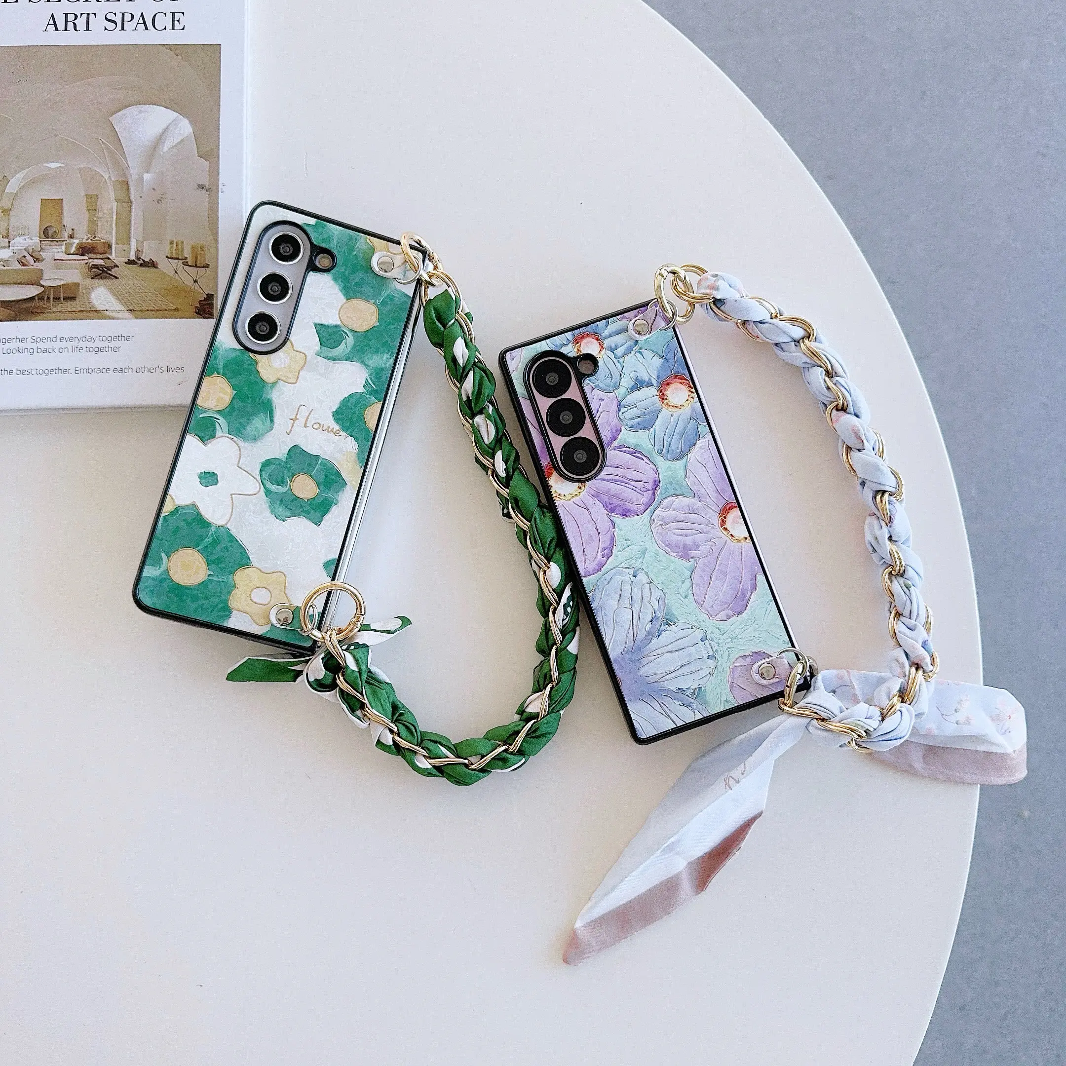 Floral PU Leather Phone Case with Hinge Protection & Scarf Wrist Chain Bracelet