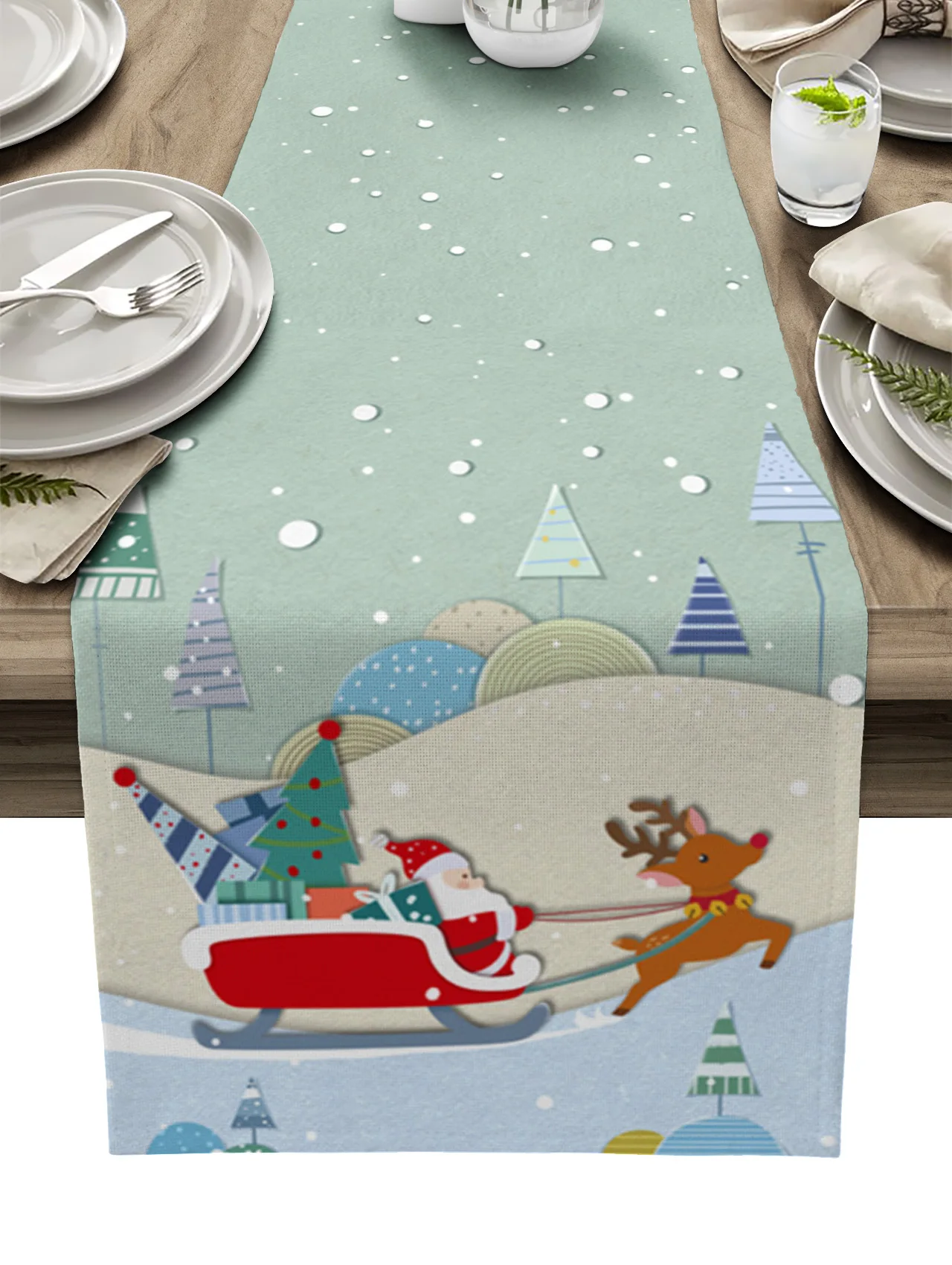 Santa Elk Snow Merry Christmas Slitta Tree Home Wedding Table Decoration Cucina Tovaglia Tavolo Da Pranzo Runner Placemat Set