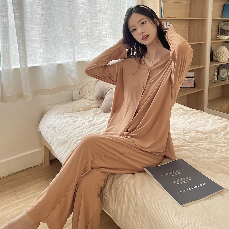 M-XXL Simple Casual Loose Women's Pajamas Ice Silk Cotton Spring Summer Long Sleeve Set Cardigan Front Button Pajamas Set