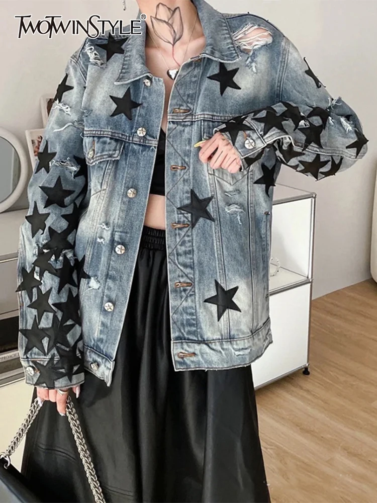 

TWOTWINSTYLE Casual Colorblock Denim Jackets For Women Lapel Collar Long Sleeve Hole Loose Coats Female 2022 Clothes Fashion New