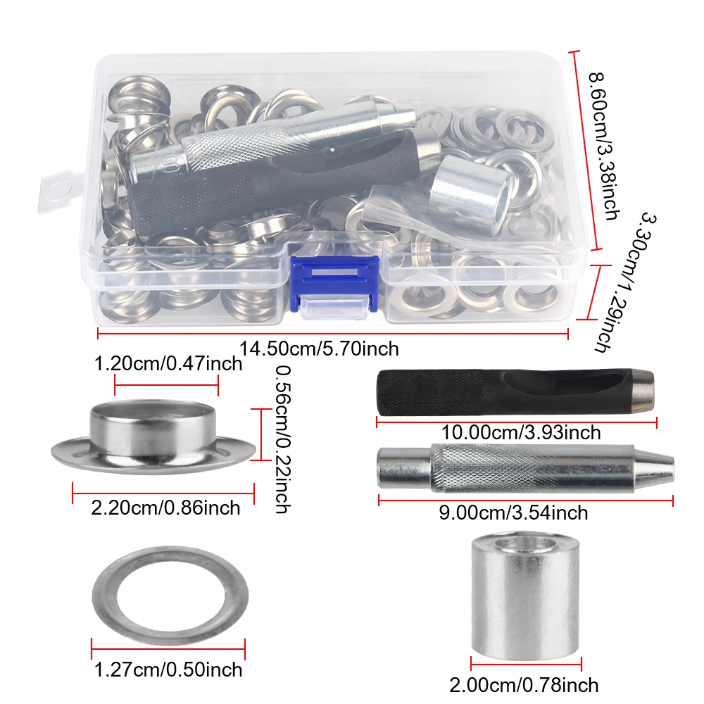 Air Eyelet Corns Tarpaulin Ring Buckle Copper eyelet 100pcs 12mm Metal buckle 1 Sets with box 3 installation tools