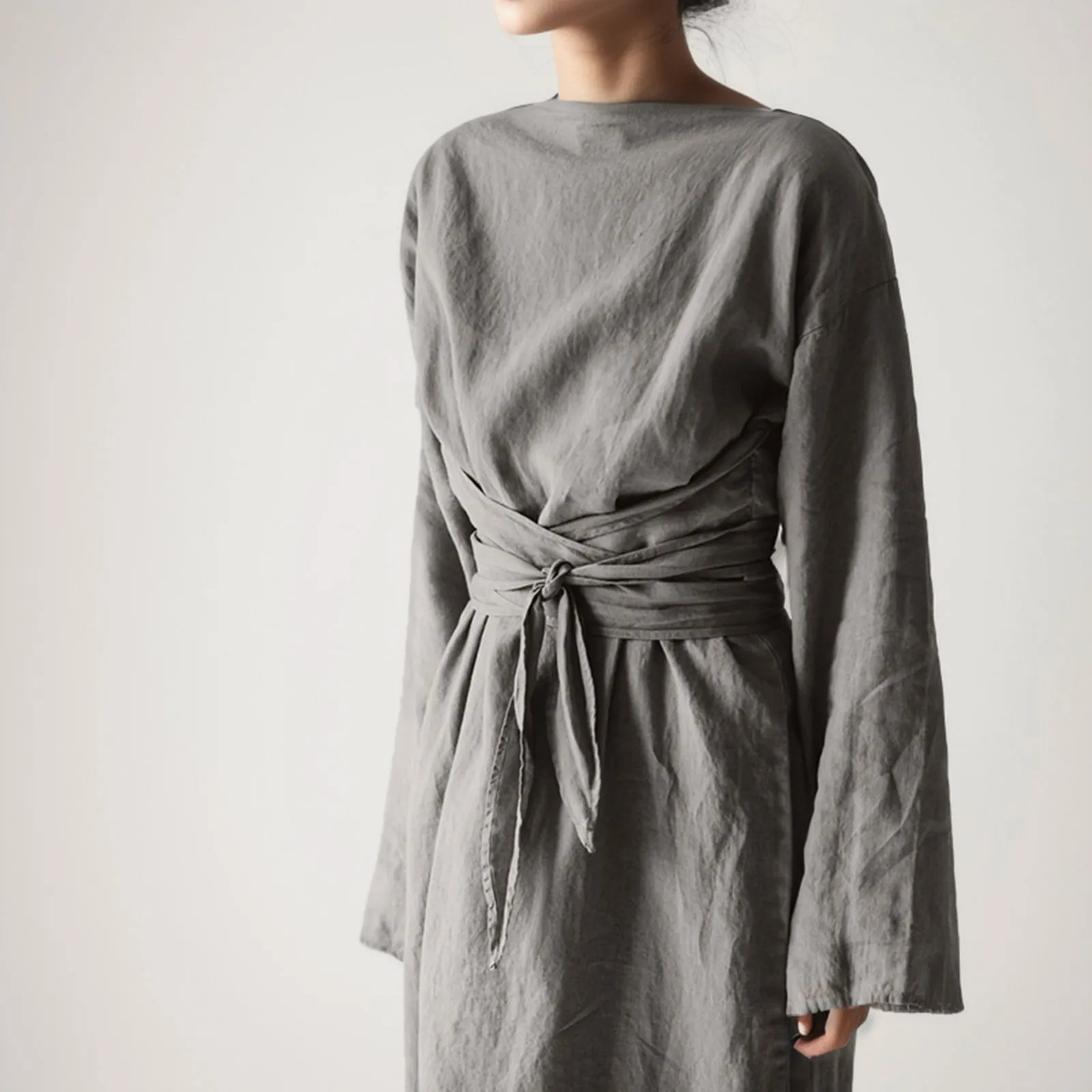 우아한 여성용 빈티지 시크 긴 원피스 용수철, 긴 소매 코튼 린넨 원피스, 캐주얼 단색 레이스업, 심플 원피스 커버업 