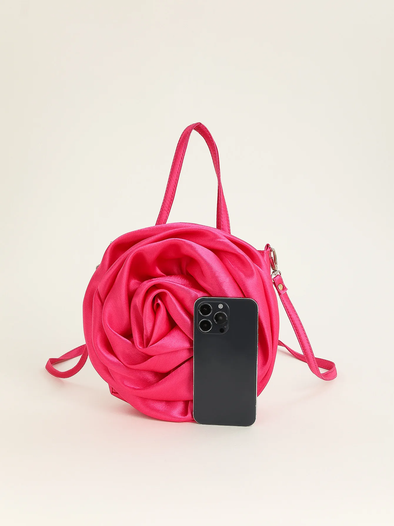 Luxus Rose Handtaschen Design Seide Plissee Blume Umhängetasche Frauen rot Satin runde Abend Geldbörse Hochzeits feier Kupplungen weiblich – Detail 7