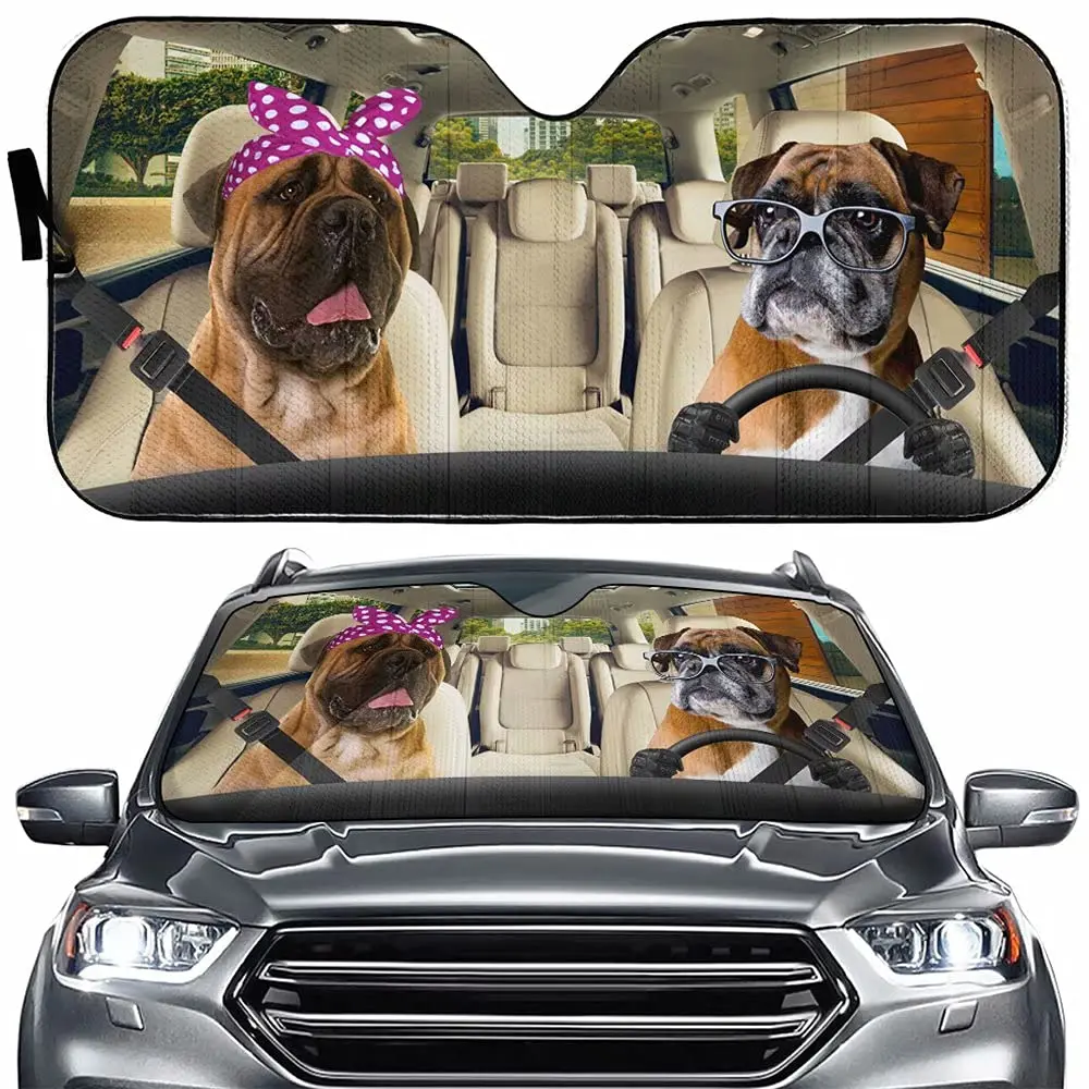 

Brindle Pattern Boxer Dog Driving Auto Windshield Sun Shade,Funny Boxer Dog Family Sun Visor Protector Sunshade for Car Truck SU