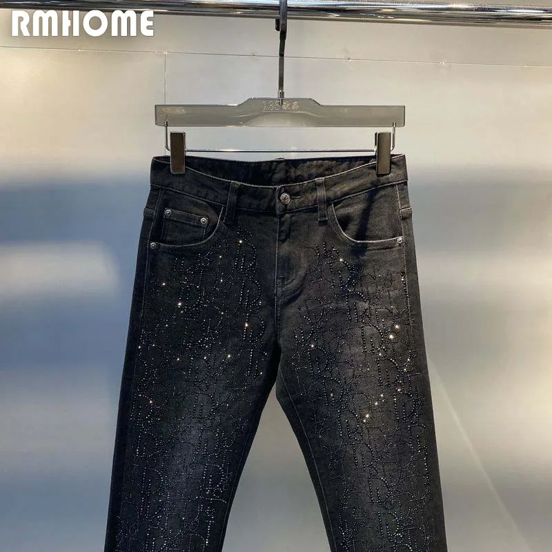 Rhinestone Jeans Men's  Black  Denim Small Feet Male Pants Fashion Brand Full Of Diamonds Design High-quality Trendy Trousers 36
