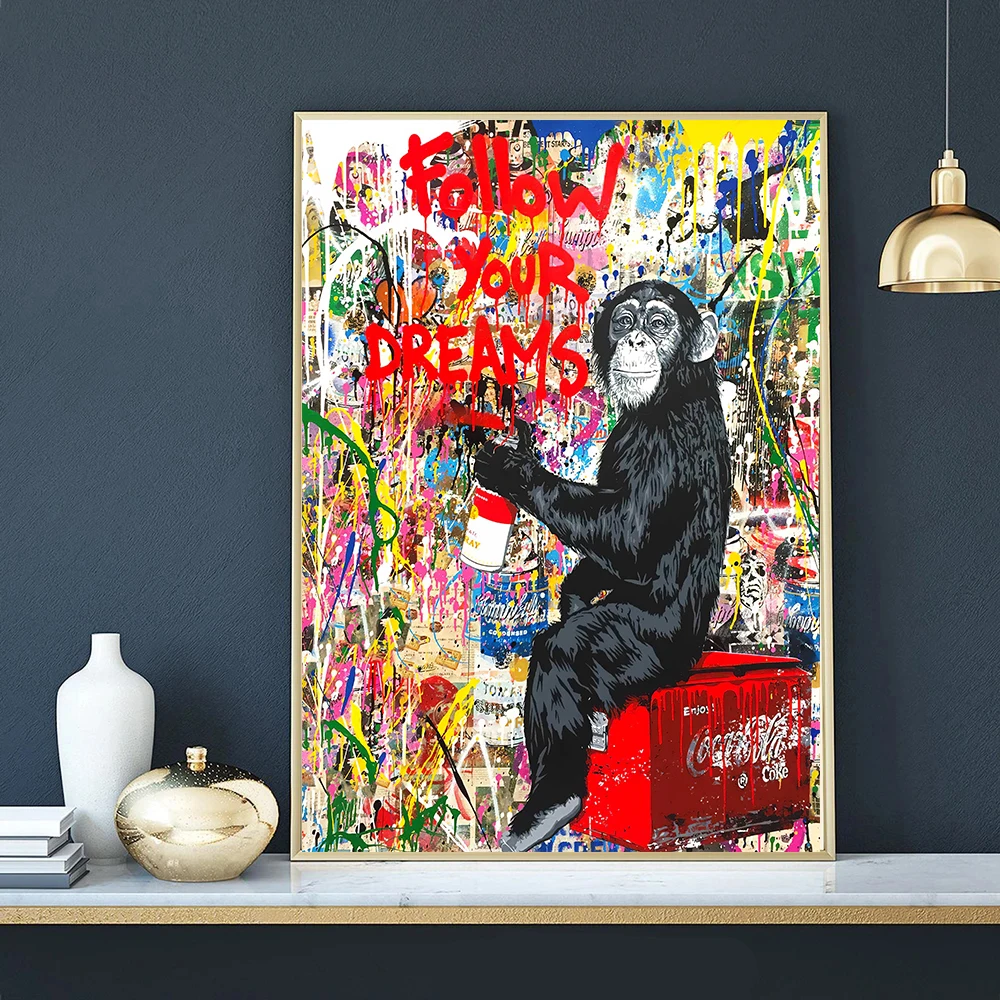 

Banksy Street Graffiti Art Monkey Inspirational Posters and Prints Flollow Your Dreams Canvas Painting Wall Decoration Cuadros