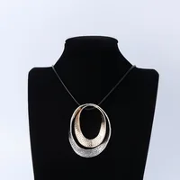 Amorcome Elegant Mixed Two Tone Geometric Circle Pendant Necklace Fashion Women Black PU Leather Long Statement Necklace Jewelry