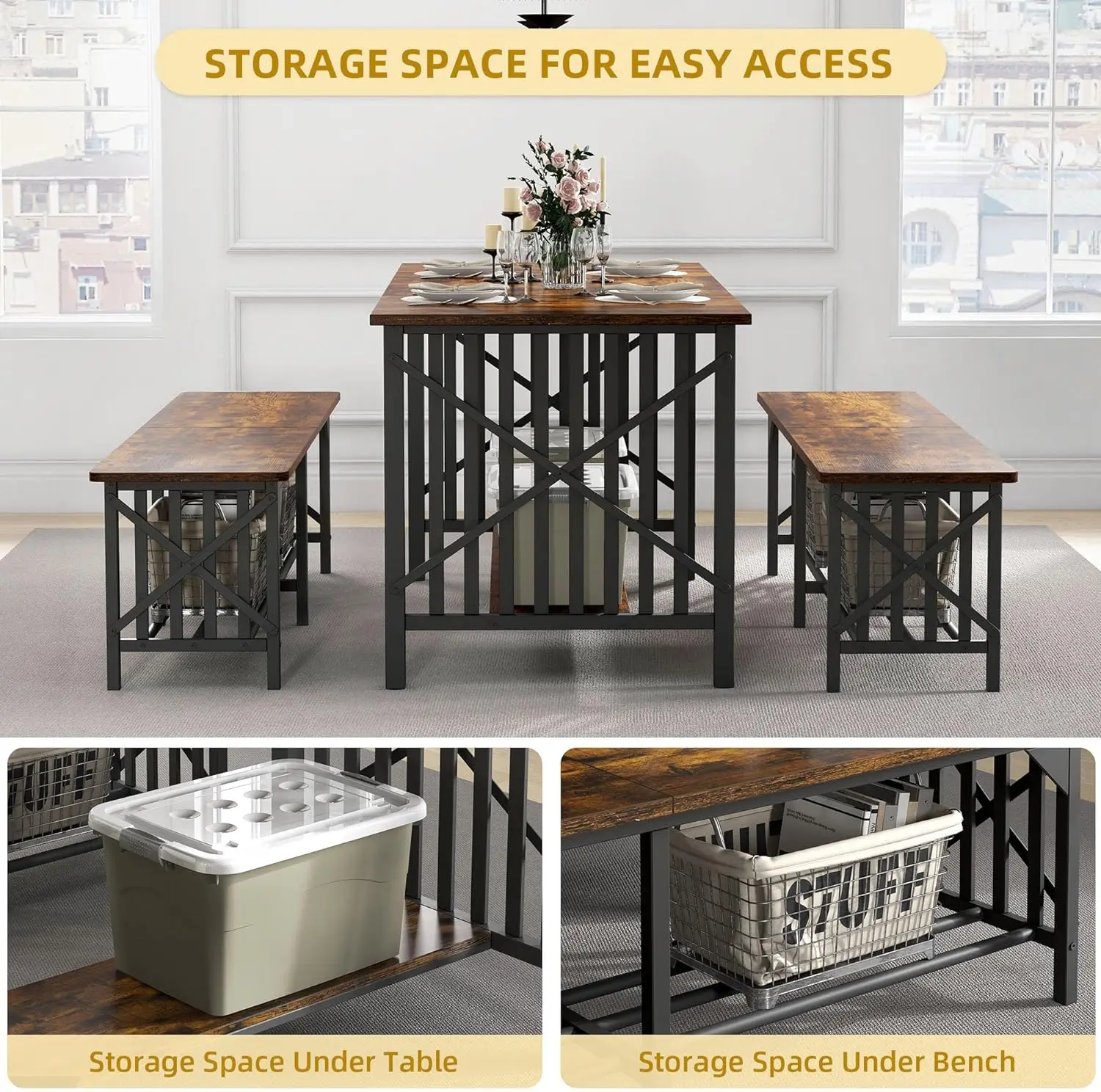 DWVO 3-Piece Dining Table Set for 4-6 People, 63\