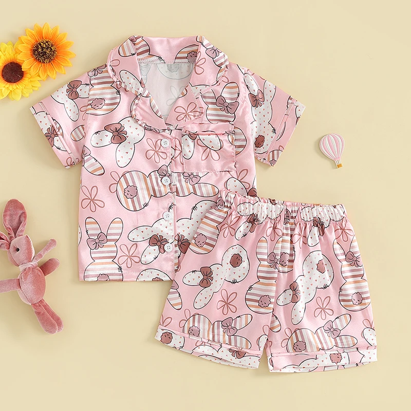 

Toddler Baby Girl Easter Pajamas Bunny Print Button Down Shirt and Pajamas Shorts Silk PJs Sets Cute Summer Clothes