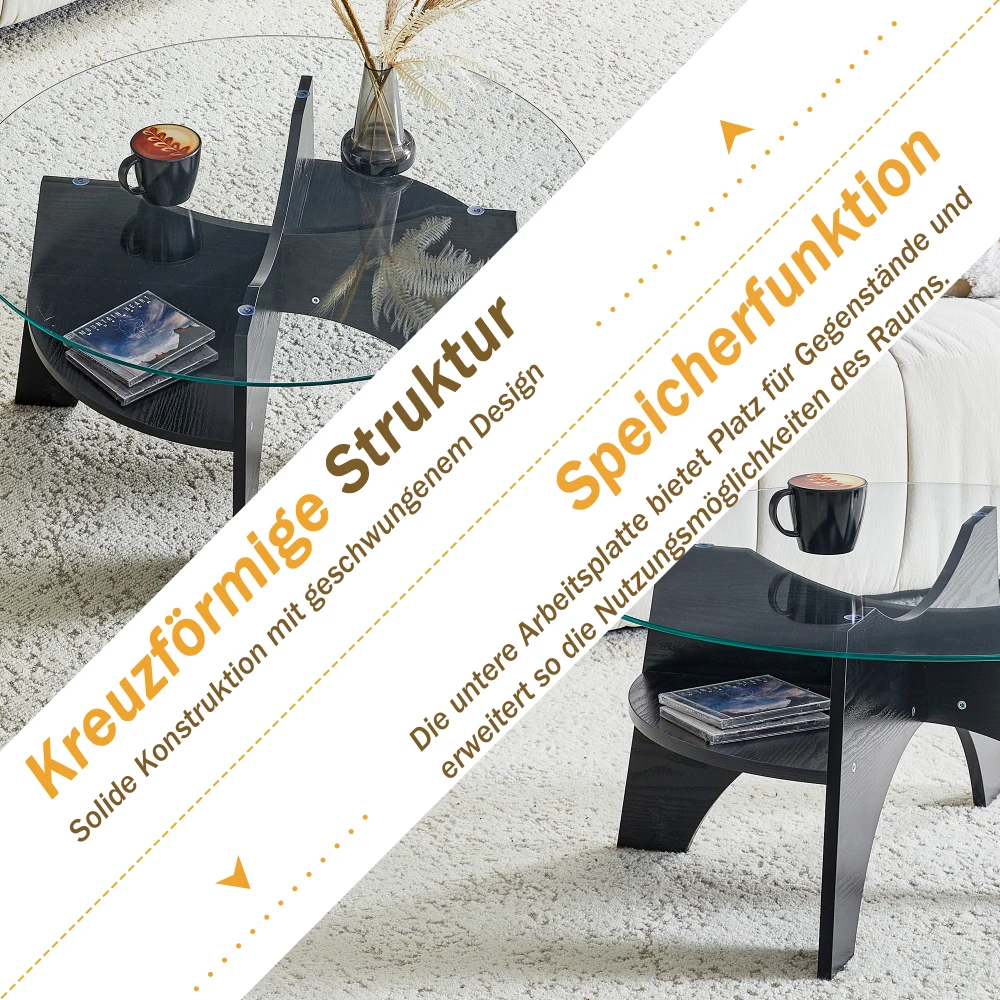 Eleganter 80cm Runder Sicherheitsglas-Beistelltisch Geformter Rahmen & Schwarze Holzoptik MDF-Beine Multifunktional für Heim- & Büroräume – Detail 6