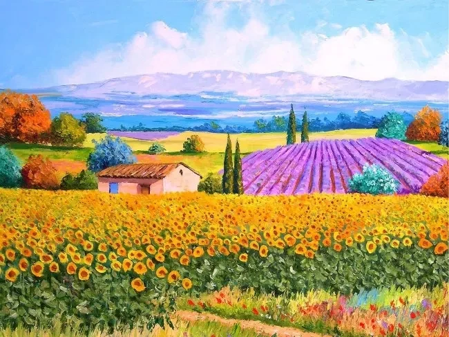 

Special price # home office Original ART # Beautiful Countryside Sunflower Lavender # 100% hand painted landscape oil painting
