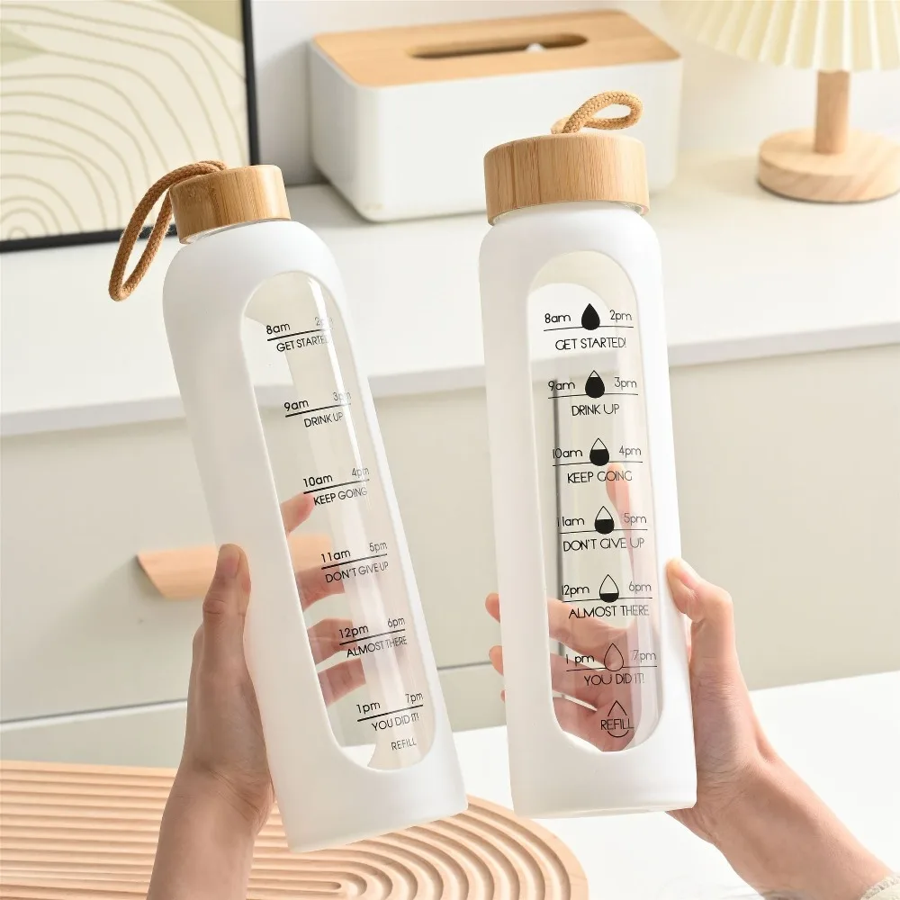 Eco-Friendly Motivational Glass Water Bottle with Bamboo Lid and Silicone Sleeve, 32oz