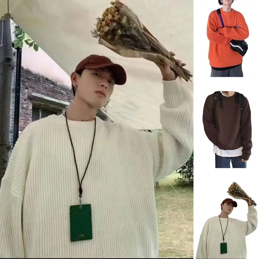 

Men Round Neck Sweater Vintage Knitted Sweater Men's Loose Solid Color Pullover for Fall/winter Elastic Mid Length Plus for Men