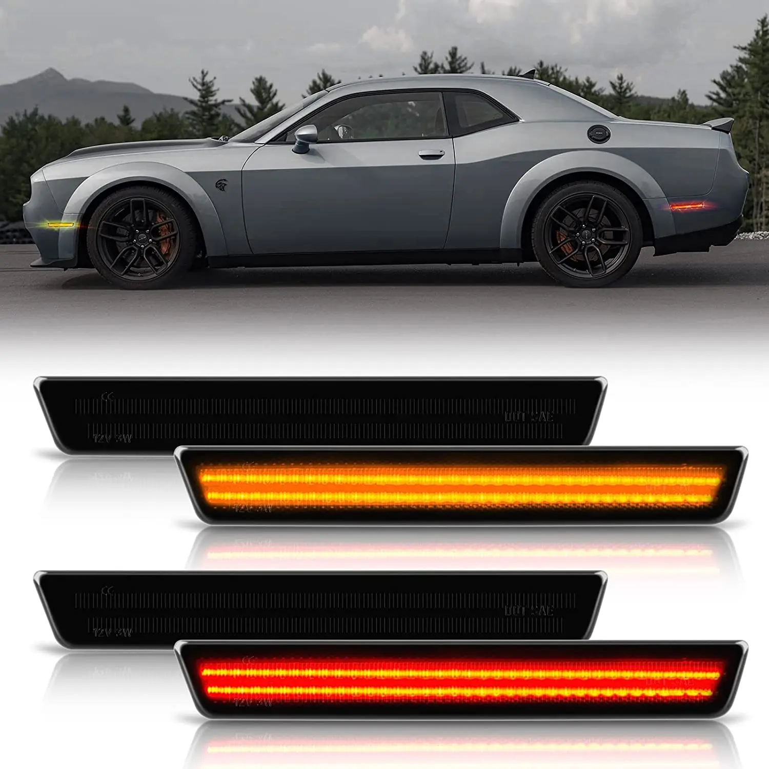 

4PCS Side marker lightsFor Dodge Challenger 2015-2022 LED Side Lamp Amber Front Red Rear Side Fender Reflector Lights