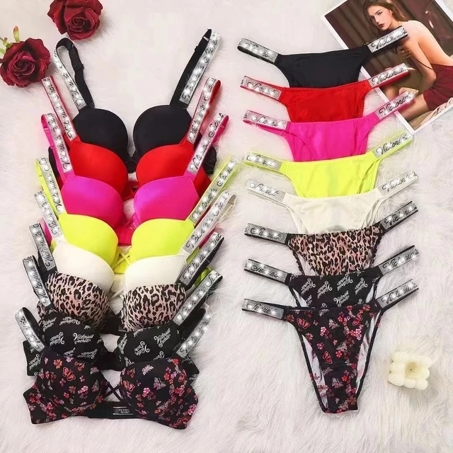 VICTORIA'S SECRET Letter bra and panty set Sexy Lace Women Underwear Thong Lingerie  Bra Set Push Up Seamless Pink Gift Bra Suit