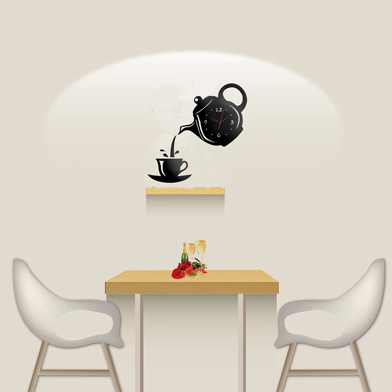 3D DIY Teapot Shape Wall Clock Acrylic Mirror Clock Modern Kitchen Home Decor Wall Sticker Hollow Digital Watch