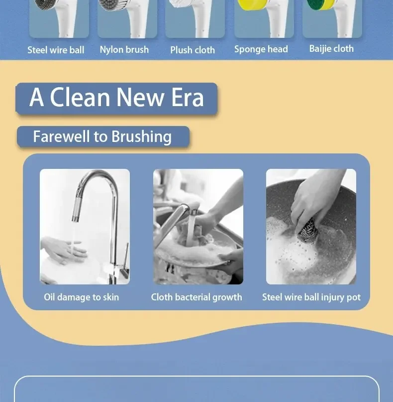 Powerful Wireless Cleaning Brush USB Rechargeable 5 Heads Effortless Scrub