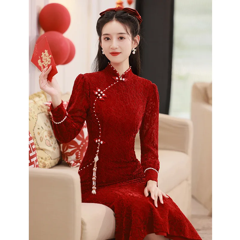 

Long Sleeve Cheongsam Toast Clothing Traditional Burgundy Wedding Chinese Engagement Dresses Women Lace Skirt