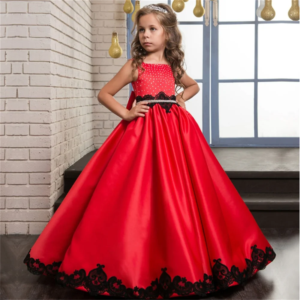 

First Communion Dresses Satin Elegant Sleeveless Printing Princess Bow Dress fFower Girl Bridesmaid Wedding Dream Kids Gift