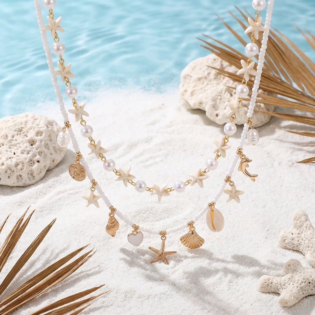 Neues Design Seestern-Muschel-Anhänger Halskette für Frauen Elegante Imitationsperlen Doppellagige Choker Strandparty-Schmuck – Detail 4