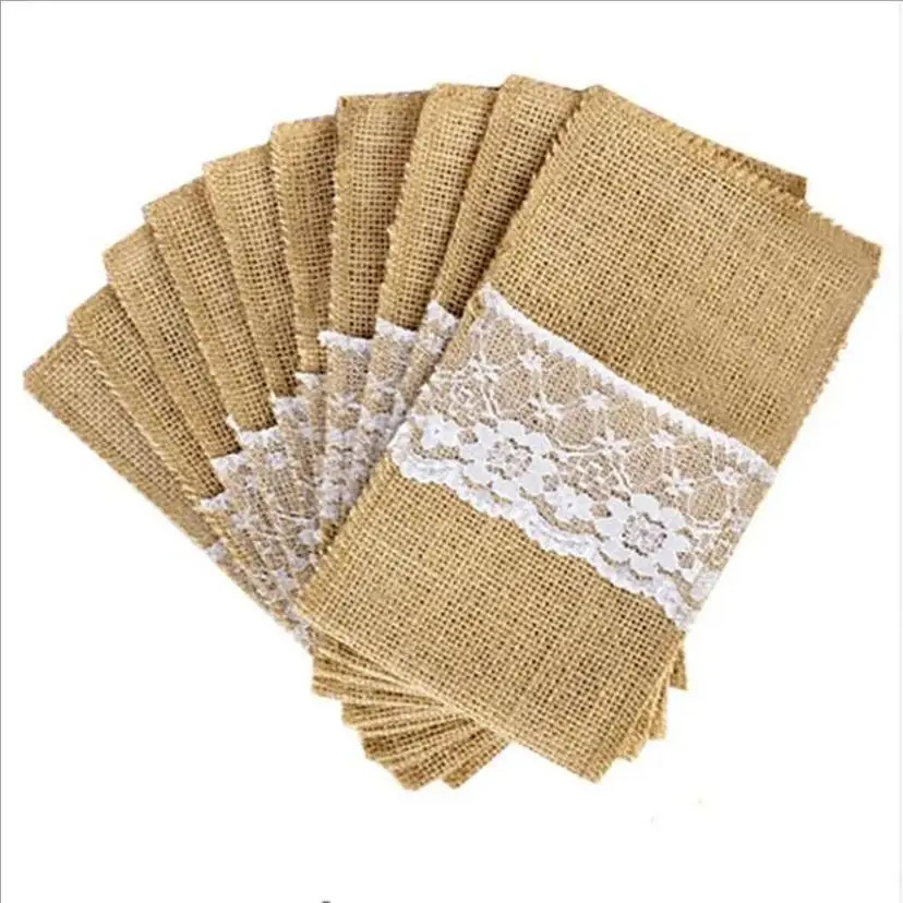 10 Pcs Burlap Lace Cutlery Pouch Wedding Tableware Party Decoration Holder Bag Hessian Rustic Jute 11cm X 21cm
