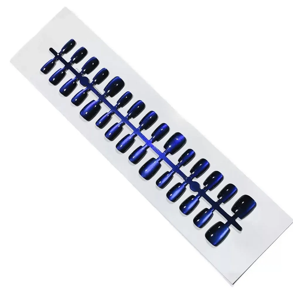 30개 우아한 다크 블루 캣아이 가짜 손톱 광택 있는 로얄 블루 짧은 스퀘어 프레스온 네일 풀커버 아크릴 네일 장식 T6