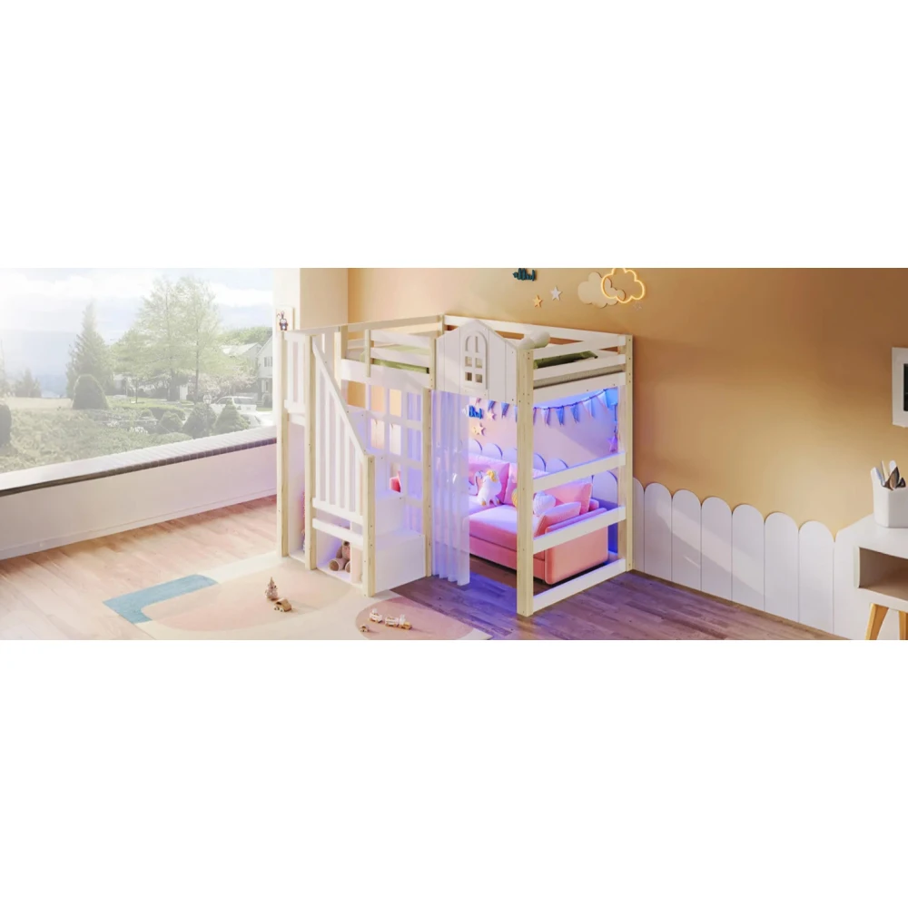 90x200cm Kinderzimmer-Hochbett, mit LED-Leuchten und Gaze, Fensterform, offenes Aufbewahrungsfach, Weiß + Natur (ohne Matratze) – Detail 24