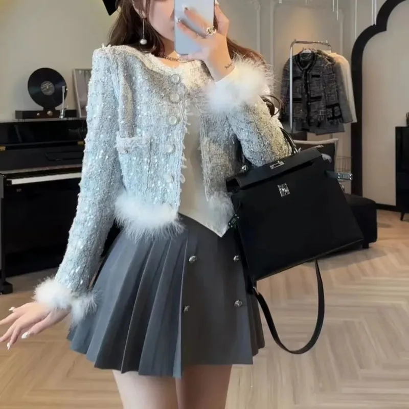 

French Plush Splice Plaid Tweed Jacket Women Fashion Round Neck Sequin Temperament Gentle Celebrity Slim Spring Female Chic Coat