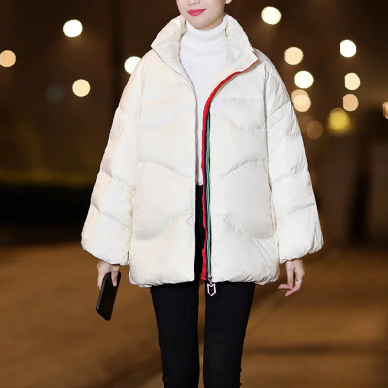 

2022 Autumn and Winter Leisure Women's Down Cotton Padded Jacket Warmth Padded Bat Sleeves Stand-up Collar Loose Jacket Women